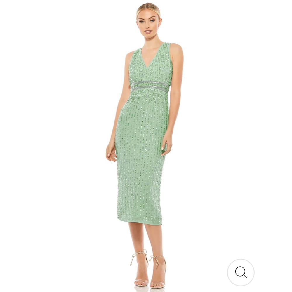 Mac Duggal Green Sequin V Neck Midi Dress Size 2 NWT